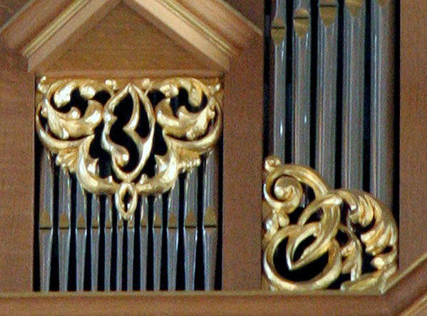 Pipe shade carving, Fritts pipe organ, carved wood sculpture, St Marks, Seattle, WA